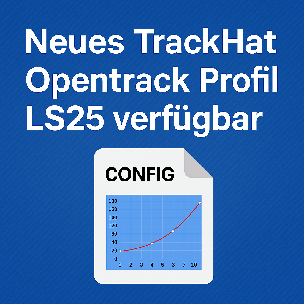 Grafik mit Ankündigung: Neues TrackHat Opentrack Profil LS25 verfügbar, dargestellt mit blauem Hintergrund und einem Config-Symbol mit Kurvendiagramm.