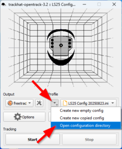 TrackHat Opentrack Version 3.2 – Menü mit geöffnetem Profil-Dropdown und markierter Option „Open configuration directory“, um den Konfigurationsordner zu öffnen.