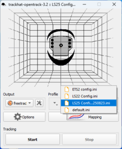 TrackHat Opentrack 3.2 – Auswahlmenü im Bereich „Profile“ mit markierter LS25 Config 20250823.ini.