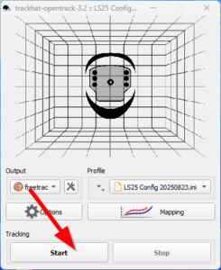 TrackHat Opentrack 3.2 – markierter Start-Button zum Aktivieren des ausgewählten LS25 Profils.