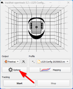 TrackHat Opentrack 3.2 – markierte Schaltfläche „Options“ zum Aufrufen der Programmeinstellungen.