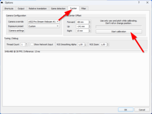 TrackHat Opentrack 3.2 – Optionsmenü im Reiter „Tracker“ mit markierter Schaltfläche „Start calibration“ zur automatischen Kalibrierung des Head Center Offset.