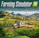Das Bild zeigt eine gezeichnete Landschaft mit grünen Wiesen und Feldern im Vordergrund. Links und rechts sind große Pflanzenblätter zu sehen. In der Mitte steht ein helles Gebäude mit braunem Dach, daneben mehrere längliche Holzbauten. Dahinter liegt ein Dorf mit vielen weißen Häusern und roten Dächern, verteilt auf Hügeln. Im Hintergrund sind große Berge und darüber ein Himmel mit weißen und grauen Wolken zu sehen. Oben links steht der Schriftzug „Farming Simulator“ und rechts daneben eine grüne „25“.