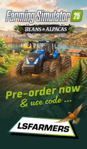 Werbegrafik zur LS25 Beans & Alpacas Expansion mit Traktor, Kaffeeplantage und Hinweis auf den GIANTS Partner-Code LSFARMERS.