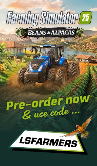Werbegrafik zur LS25 Beans & Alpacas Expansion mit Traktor, Kaffeeplantage und Hinweis auf den GIANTS Partner-Code LSFARMERS.